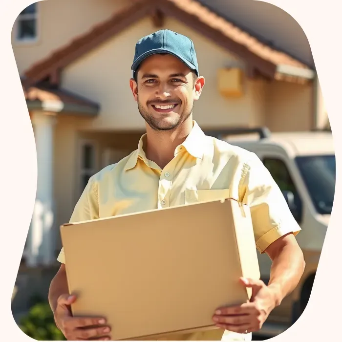 Two removalists moving boxes up stairs